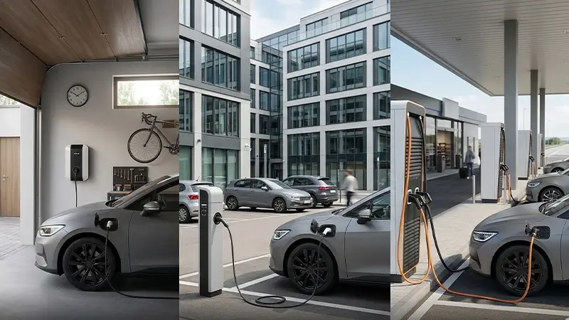 Evde, işte ve uzun yolda AC ile DC şarj kullanım senaryolarını gösteren elektrikli araç görseli