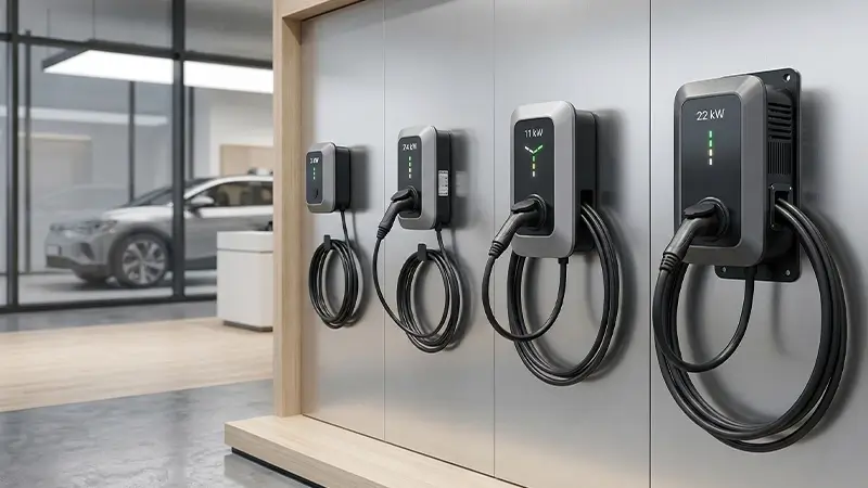 3 kW, 7,4 kW, 11 kW ve 22 kW AC şarj seviyelerini gösteren wallbox örnekleri