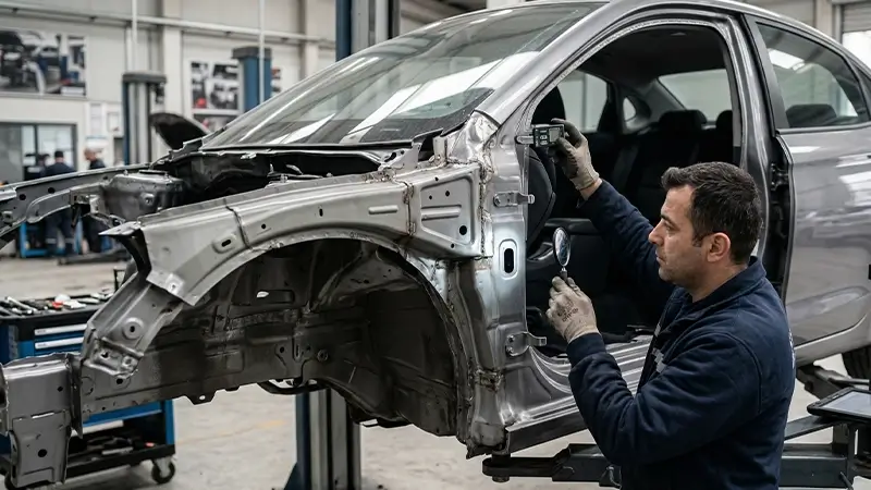 Ağır hasarlı araçta şasi podye direk ve panel hizası kontrolü