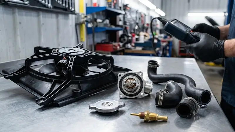 Radyatör, fan, termostat ve soğutma suyu kaçak noktalarını temsil eden detaylı garaj sahnesi