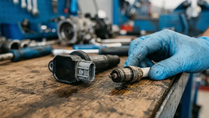 Sökülmüş ateşleme bobini ile aşınmış bujinin yan yana kontrol görüntüsü