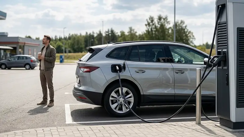 Uzun yolda DC hızlı şarj durağında mola veren elektrikli araç