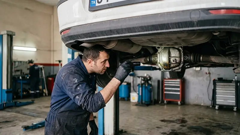 Lift üzerindeki araçta diferansiyel, aks ve yağ kaçağı kontrolü
