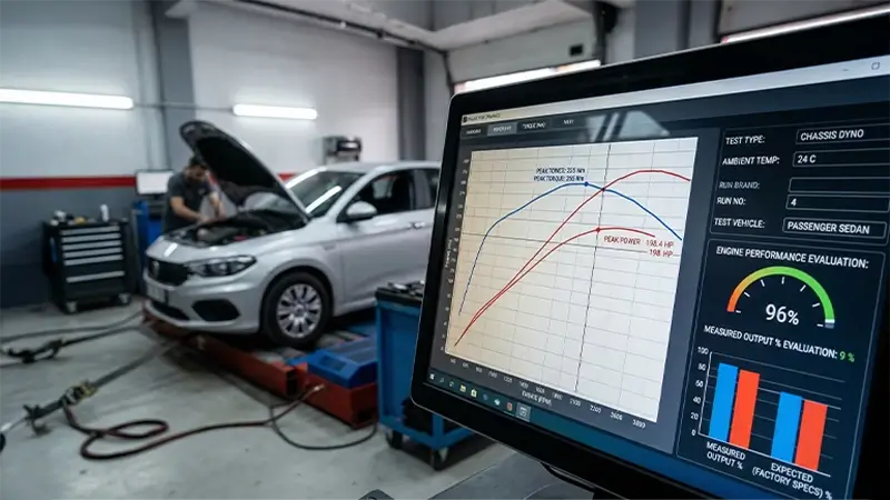 Dyno test ekranında beygir gücü, tork ve motor yüzdesi grafiğinin detaylı incelemesi