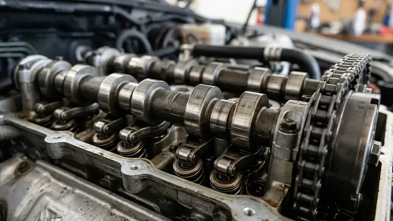 Eksantrik mili, kam lobları, supaplar ve triger aktarımı