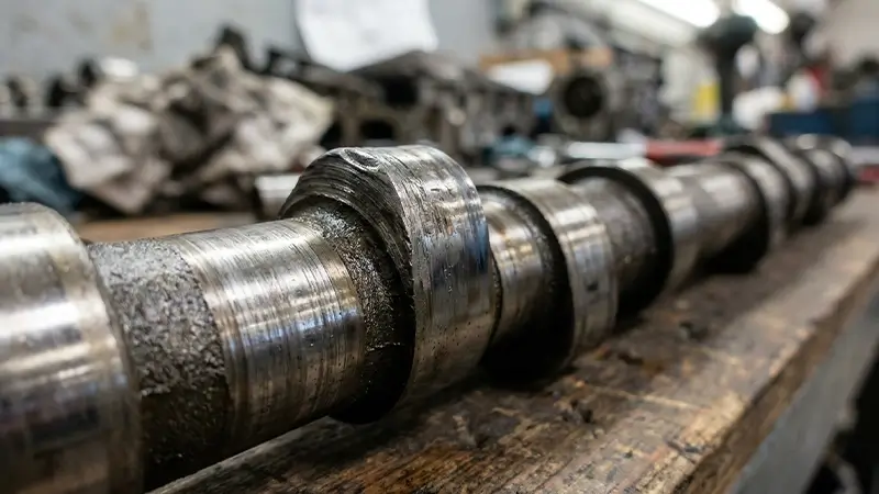 Aşınmış kam lobu ve yatak izleri görülen eksantrik mili