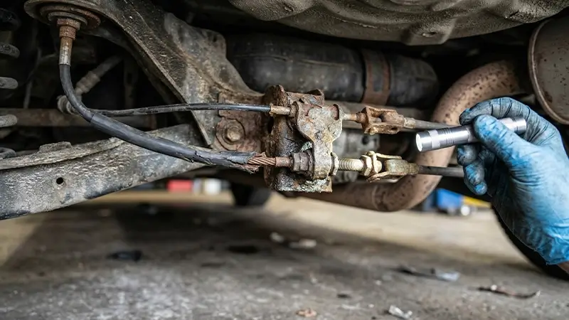 Paslanmış el freni teli ve eşitleyici mekanizmasının yakın servis kontrolü