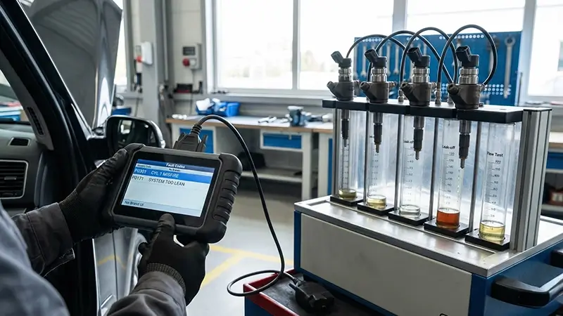 Oto serviste OBD cihazı ve tezgah ile enjektör püskürtme testi
