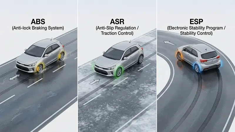 ESP ABS ve ASR farklarını gösteren karşılaştırmalı sürüş şeması