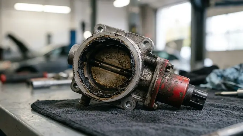 Kirlenmiş gaz kelebeği ve rölanti kontrol valfi üzerinde kurum birikimi
