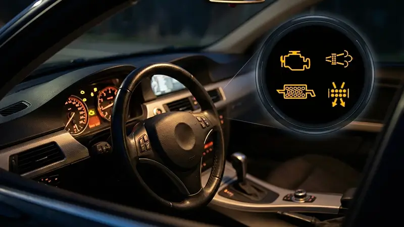 Araç gösterge panelinde yanan DPF ve motor arıza uyarı lambası