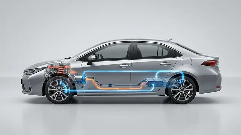 Kalkış, seyir ve frenlemede enerji akışını gösteren hibrit sistem diyagramı