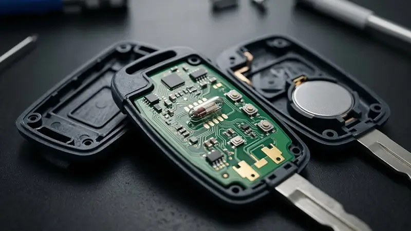 Araç anahtarının içindeki transponder çip ve elektronik devre yapısı