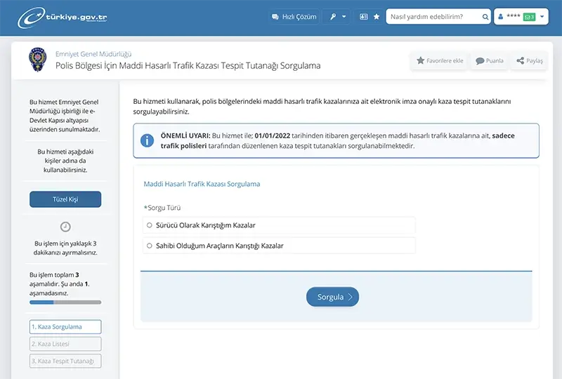 SBM ve e-Devlet üzerinden kaza tespit tutanağı sorgulama ekranı