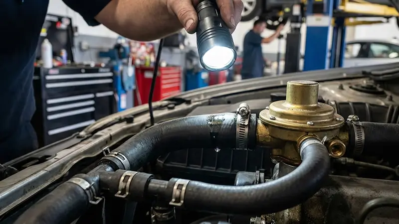 LPG donanımı bulunan motor bölümünde soğutma suyu hortumları ve regülatör bağlantıları; hararet riski