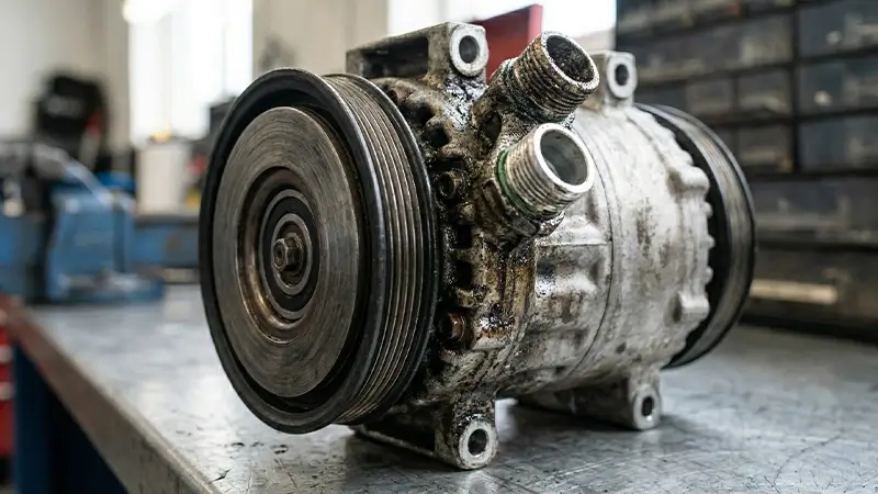 Klima kompresörü gövdesinde yağ kaçağı ve kirlenme izi