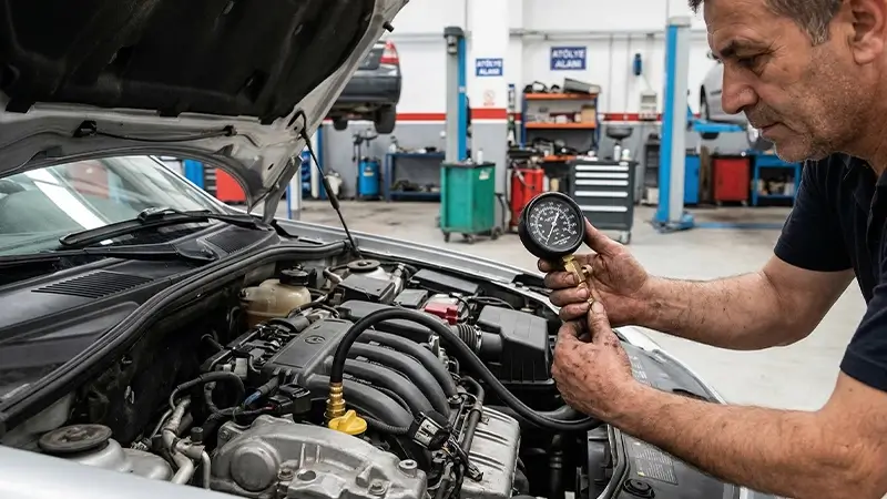 Kompresyon testi cihazı ile motorun silindir basıncı ve iç sağlık kontrolünün yapılması