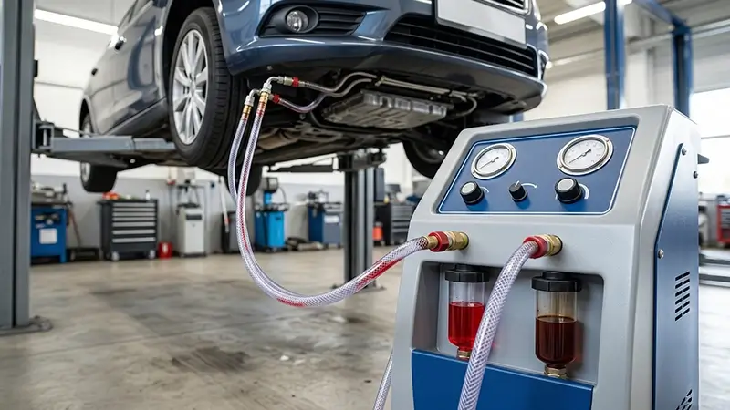 Profesyonel serviste makine ile otomatik şanzıman yağı değişimi ve flushing uygulaması