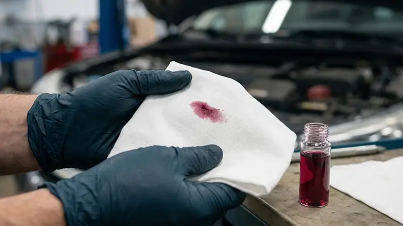 Uzman teknisyenin otomatik şanzıman yağı rengini ve koku durumunu kontrol etmesi