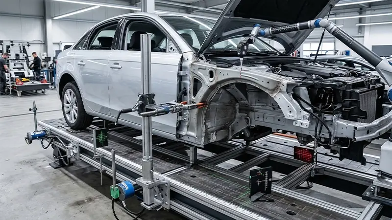 Oto kaporta servisinde robotik şasi tezgahı ile podye tamiri