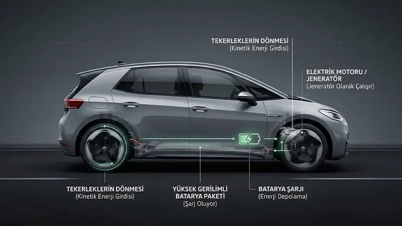 Elektrik motorunun yavaşlamada jeneratör gibi çalışmasını anlatan teknik şema