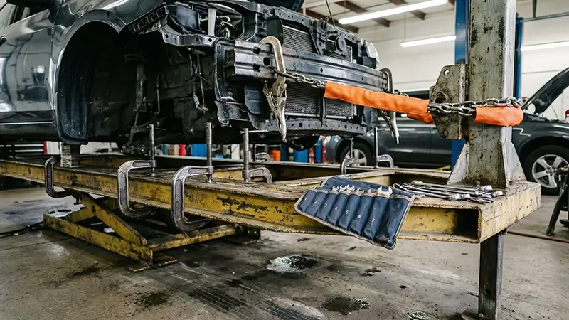 Robotlu şase düzeltme tezgahında doğrultma yapılan araç