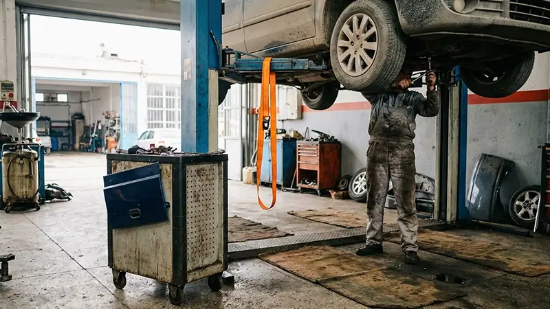 Sanayi ortamında oto tamir ekipmanları ve lift