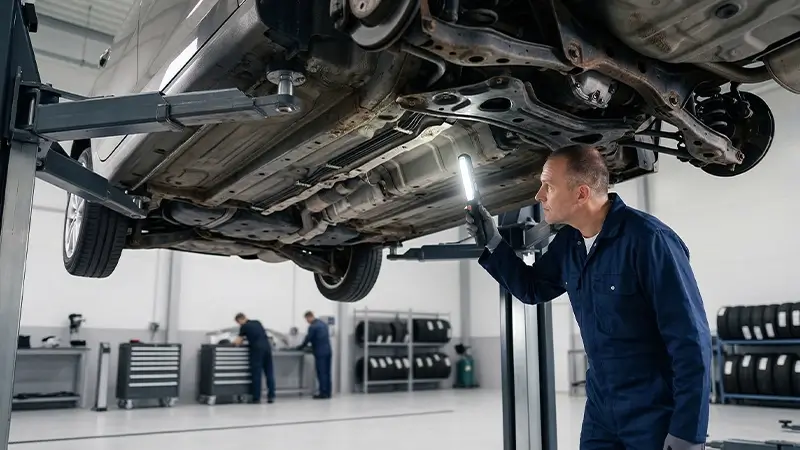 Oto ekspertiz merkezinde lift üzerinde aracın alt gövde şasi hasar kontrolü