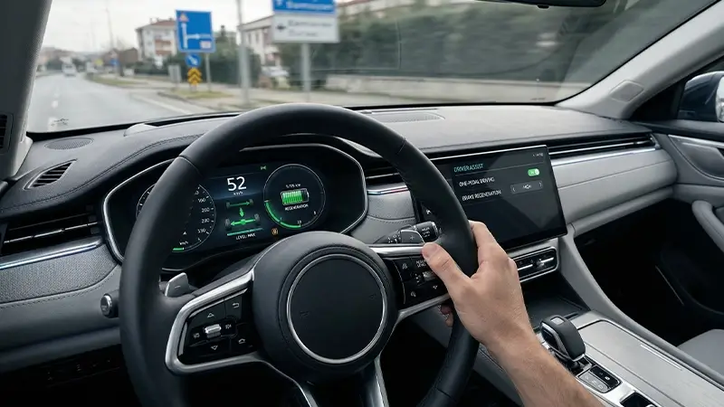 Tek pedal sürüş ve rejeneratif frenleme seviye ayarlarını gösteren direksiyon arkası kumandalar