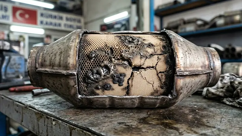 Erime ve kırılma yaşayan katalizör petek yapısının yakından görünümü