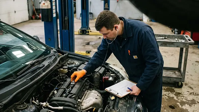 Serviste triger kayışı değişimi sonrası motorun test edildiği gerçek atölye ortamı