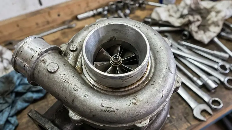 Oto tamir servisinde sökülmüş arızalı turboşarj ünitesi ve pervaneleri