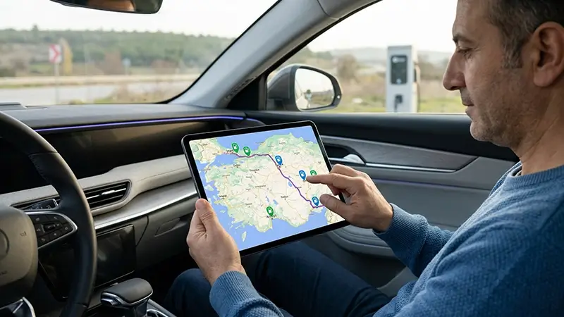 Türkiye şarj istasyonları haritası ile rota kontrolü yapan kullanıcı