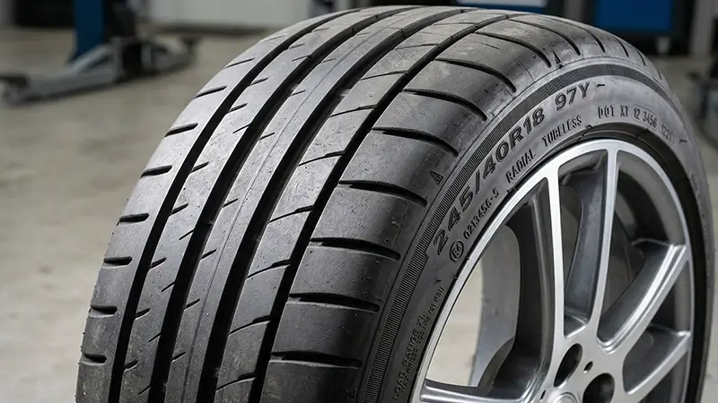 Yazlık lastik yanak işaretleri ve sırt deseni yakın görünüm